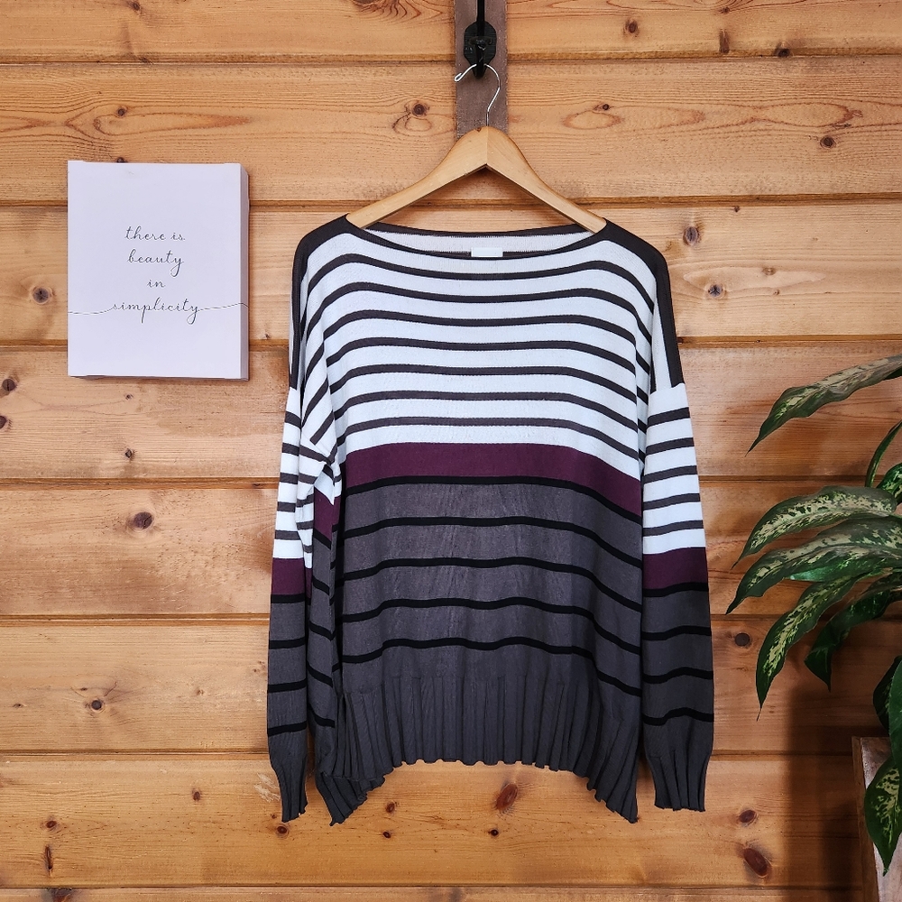 Planet Lauren G Sweater Tunic Ribbed Striped Boat Neck Boxy Lagenlook One Size